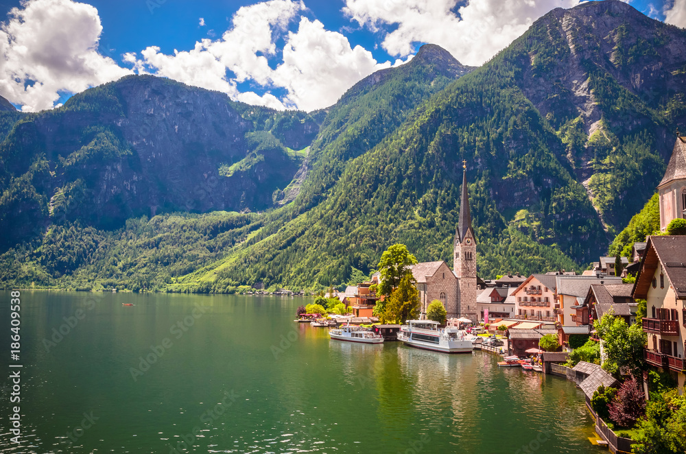 Fantastic view on Hallstatt village and alpine lake, Austrian Alps,  Salzkammergut, Austria, Europe