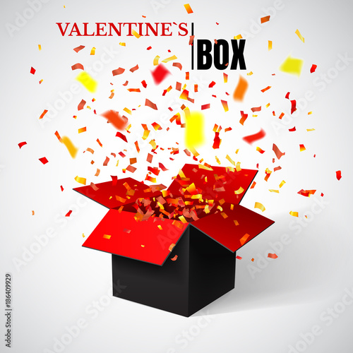 Open Red Gift Box and Confetti. Valentine`s Background. Vector Illustration photo