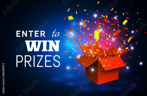 Open Red Gift Box and Confetti on blue background. Enter to Win Prizes. Vector Illustration