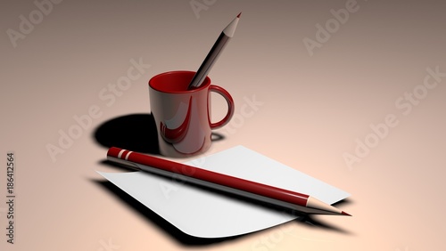 Coffee mug with sticky note and pen.