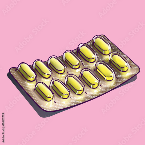 Medication. Yellow caplets in a foil and plastic blister pack.