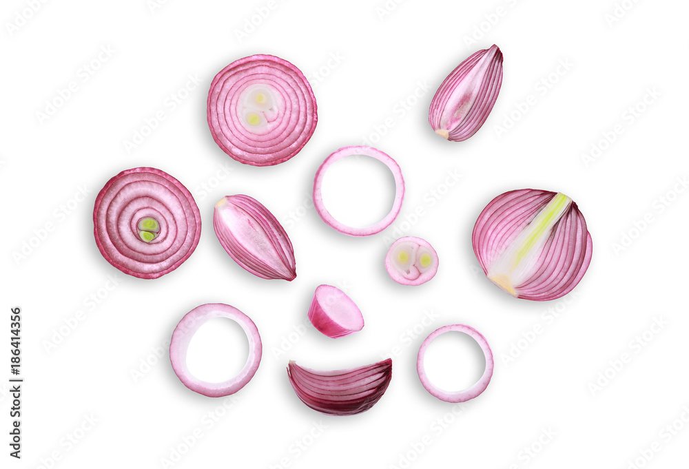 sliced red onion isolated on white background ,flat lay ,top view - obrazy, fototapety, plakaty 
