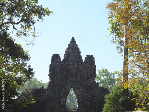 Siem Reap,Cambodia-December 22,2017:The south gate of Angkor Thom is 7.2 km north of Siem Reap, and 1.7 km north of the entrance to Angkor Wat. The walls are of laterite and a parapet on the top.