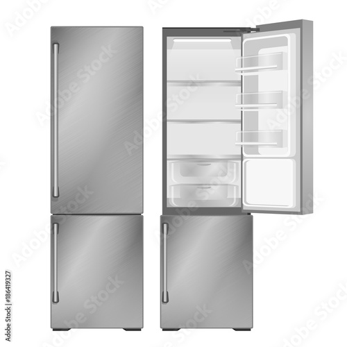 Open and closed modern steel refrigerator. Vector illustration on white background