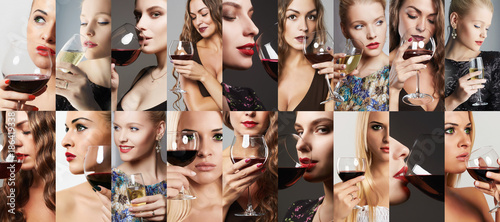 collage of women drink wine. girls with alcohol