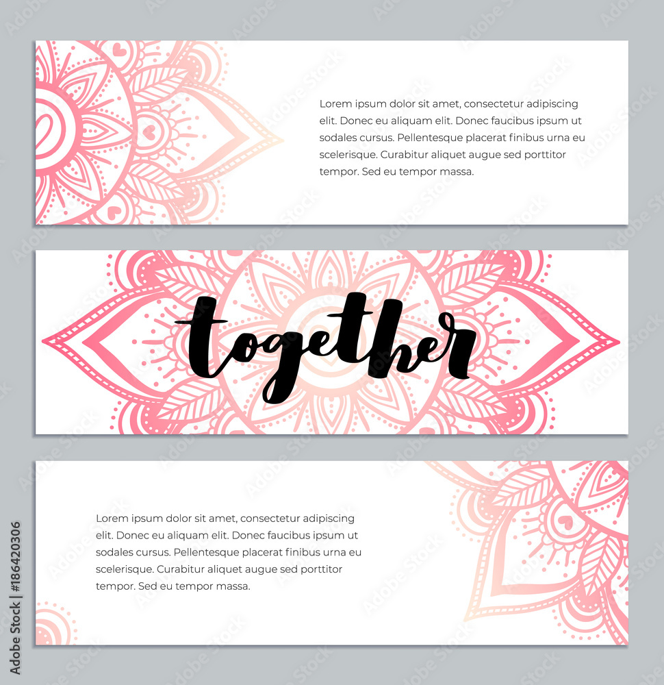 Abstract mandala banner design. Vector creative illustration with oriental boho elements. Pastel color theme flyers template. Abstract mandala banner design. Vector creative illustration with oriental boho elements. Pastel color theme flyers template.