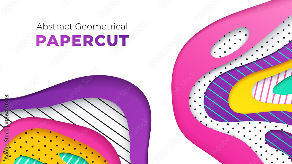 Abstract geometrical papercut design template. Lines and dots with ultraviolet, pink, yellow and turquoise paper layers 3d effect. Trendy ultraviolet backdrop.