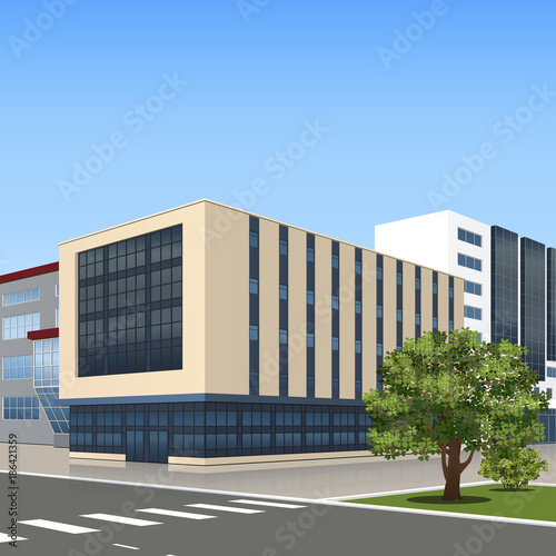 office building with the entrance and a reflection