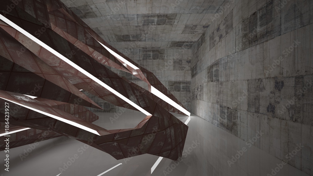 Empty abstract room interior of sheets rusted metal and concrete. Architectural  background. Night view of the illuminated. 3D illustration and rendering  Stock Illustration | Adobe Stock