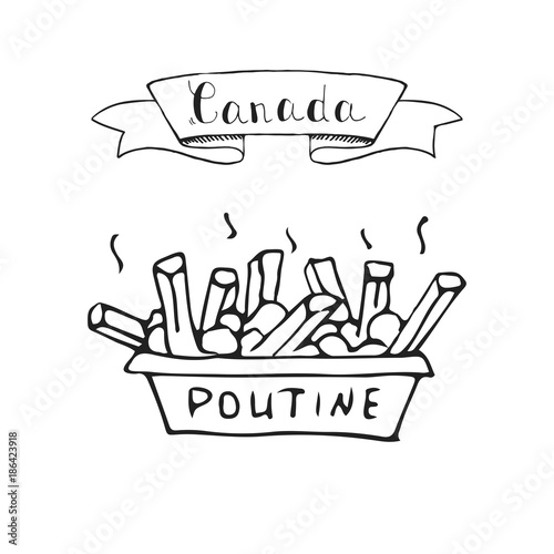 Hand drawn doodle Poutine icon traditional quebec meal with french fries gravy and cheese curds Vector illustration isolated on whire Canadian breakfast symbol Cartoon element of Canada food 