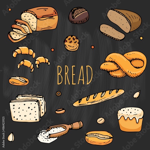 Hand drawn doodles of cartoon food: rye bread, ciabatta, whole grain bread, bagel, sliced bread, french baguette, croissant, sandwich, cake. Bread set. Vector illustration. Sketch elements collection.