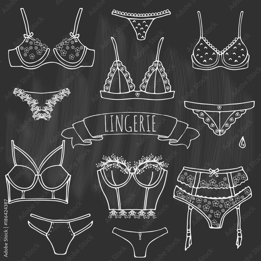 Hand Drawn Doodle Lingerie Icon Set Fashion Feminine Vector Illustration Sexy Lacy Woman