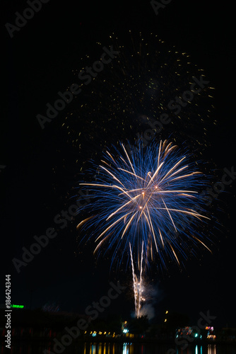 Happy New Year fireworks night scene, udon thani cityscape river view, city