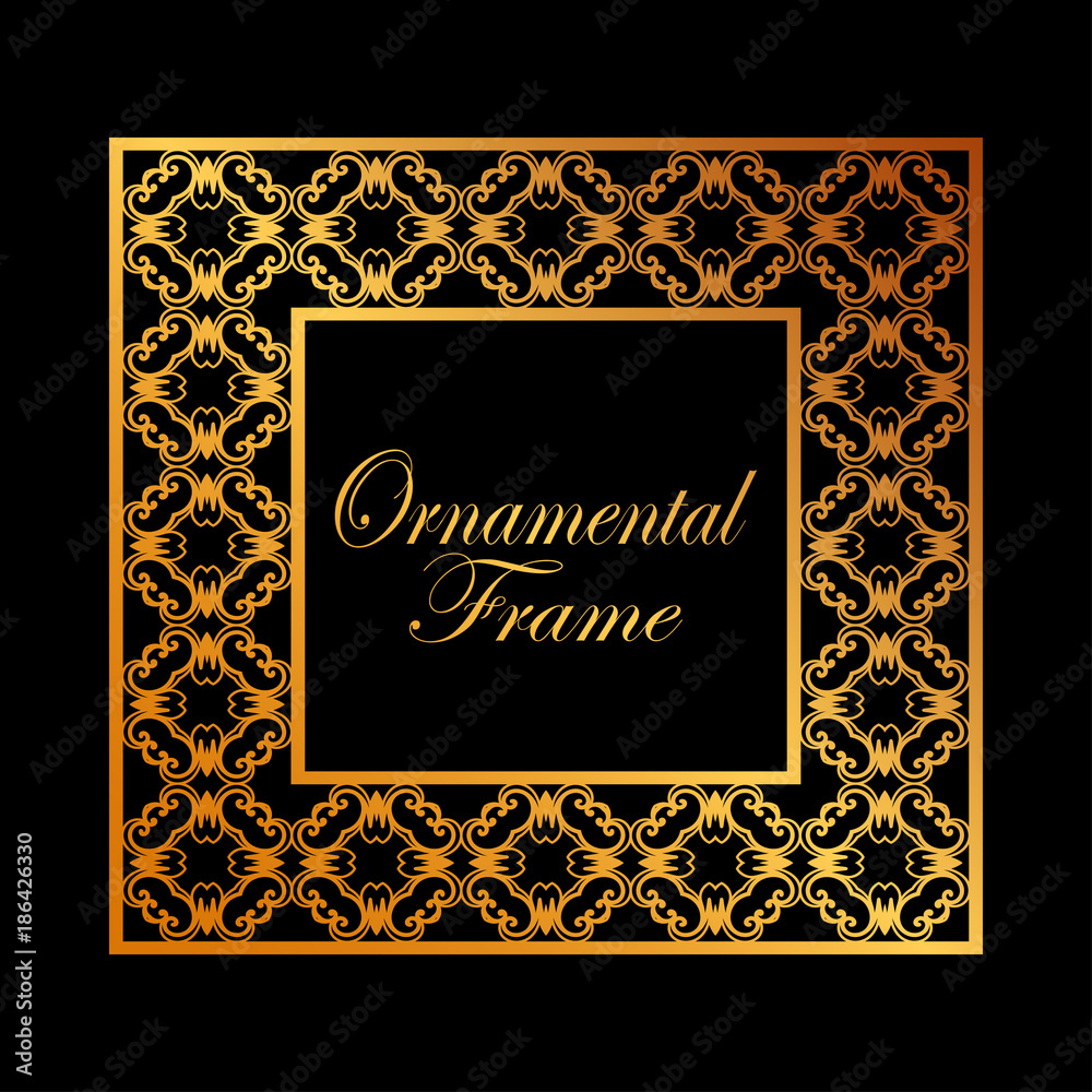 Vintage ornamental golden frame. Luxury elegant ornament. Flourished border. Element for brochures. Template for design. Vector illustration