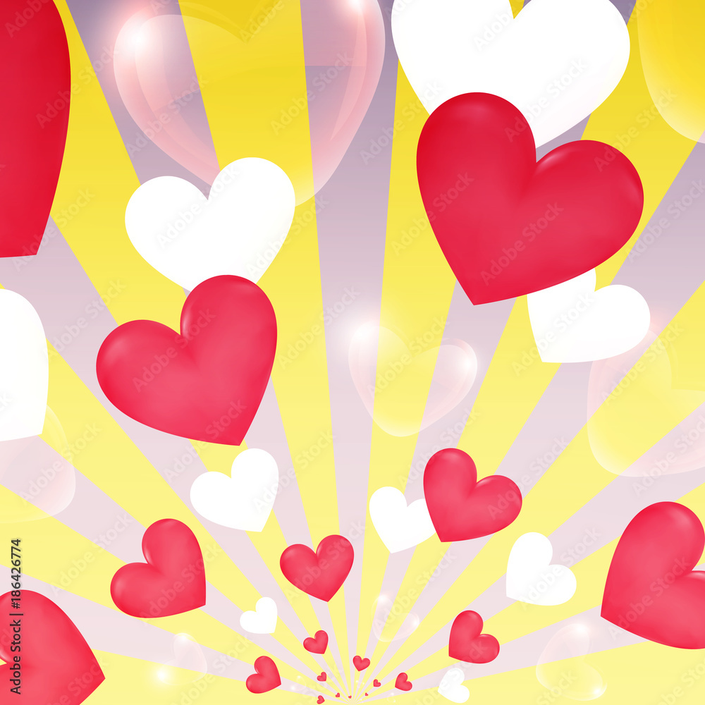 Happy Valentine day yellow sunburst hearts, flying banner, illustration vector eps10