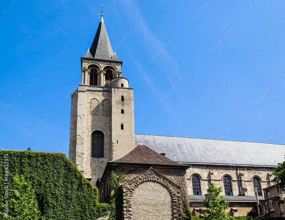 View of the Abbaye Saint-Germain-des-Pres abbey, a Romanesque medieval Benedictine church located on the Left Bank in Paris