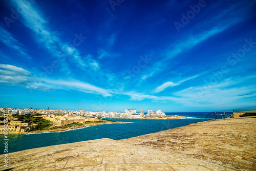 Valletta  Malta  aerial view from city walls in the morning. Marsamxett harbor and Sliema