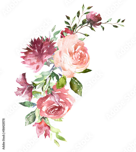 Watercolor flowers. Hand painted floral illustration. Bouquet of flowers pink rose, leaves and buds. Design arrangement for textile or greeting card. Abstraction  branch of flowers 