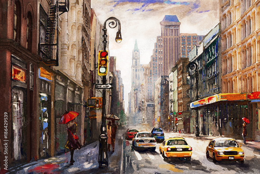 oil painting on canvas, street view of New York, man and woman, yellow taxi, modern Artwork, American city, illustration New York