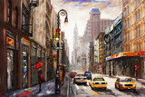 oil painting on canvas, street view of New York, man and woman, yellow taxi, modern Artwork, American city, illustration New York