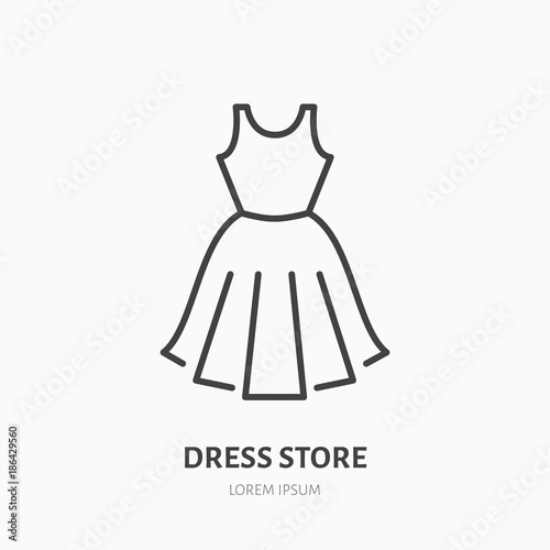 Dress store flat line icon. Women apparel, evening gown sign. Thin linear logo for clothing shop.