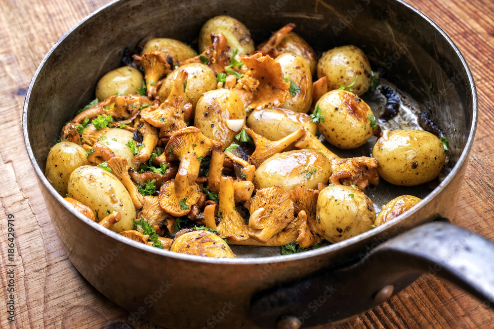 Fresh fried chanterelle with potatoes as top view in a casserole Fresh fried chanterelle with potatoes as top view in a casserole
