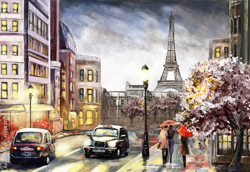 oil painting on canvas, street view of Paris. Artwork. eiffel tower .  people under a red umbrella. Tree. France Stock Illustration | Adobe Stock