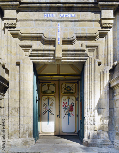 Pontedeume, Galicia / Spain. July 29, 2017. Main polychrome door of the parish church called 