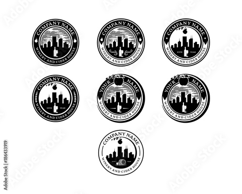 Real Estate Black Circle City - Skyscrapers with Sky and Bottle or Glass Beer or Barrel - Circle Apple Fresh Fruit Logo Stamp Vector Set