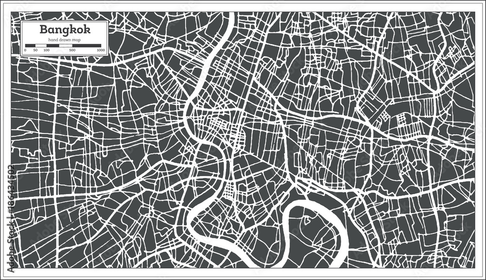 Bangkok Thailand City Map in Retro Style. Outline Map.