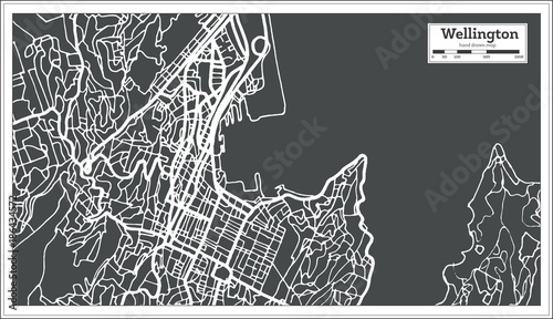 Photo Wellington New Zealand City Map in Retro Style. Outline Map.
