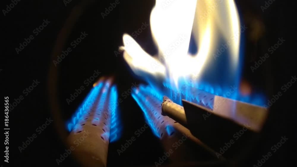 gas burners in the boiler burning bright blue and yellow flame