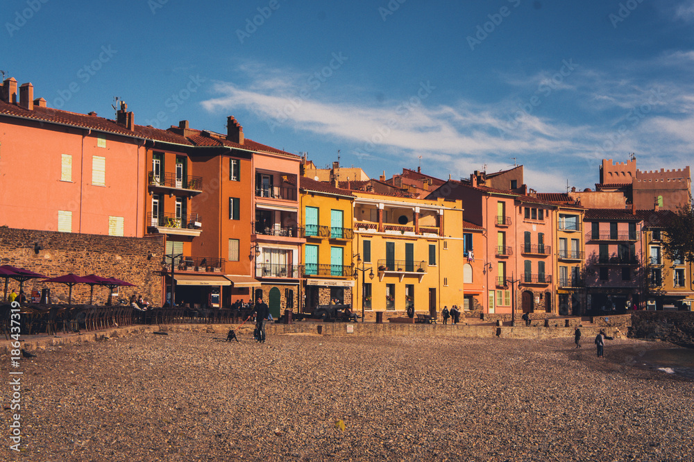 FRANCE, COLLIOURE, 5 November 2017: colorful facades of  beach front houses of Collioure