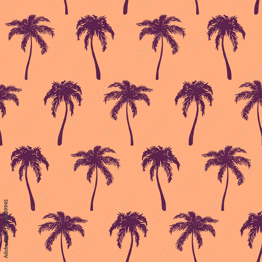 Monochrome orange violet tropical palm tree hand drawn sketch seamless pattern texture background vector