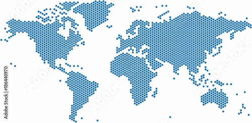 Blue dots world map on white background, vector illustration.
