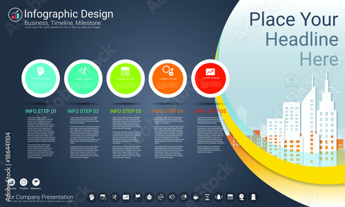 Business infographics template, Milestone timeline or Road map with Process flowchart 5 options, Strategic plan to define company values, Scheduling in project management to make facts and statistics.