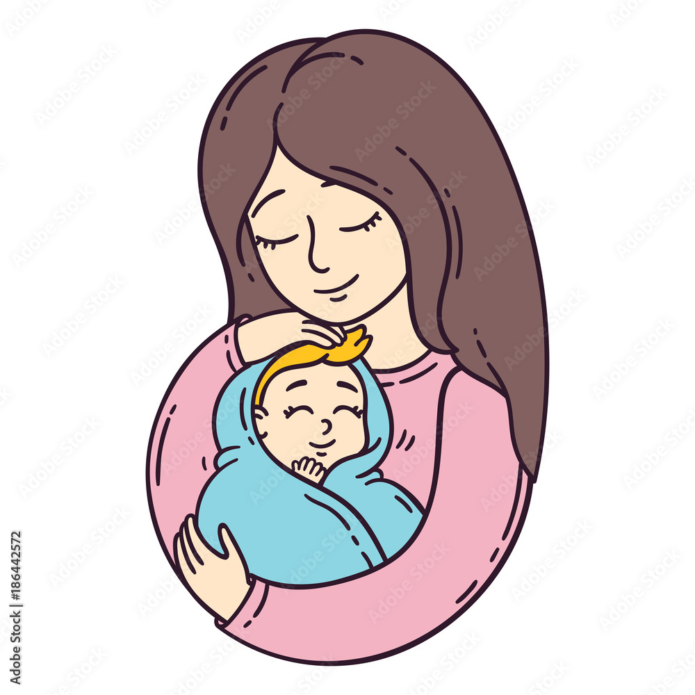 Mother and her baby. Isolated objects on white background. Vector illustration. Mother and her baby. Isolated objects on white background. Vector illustration.