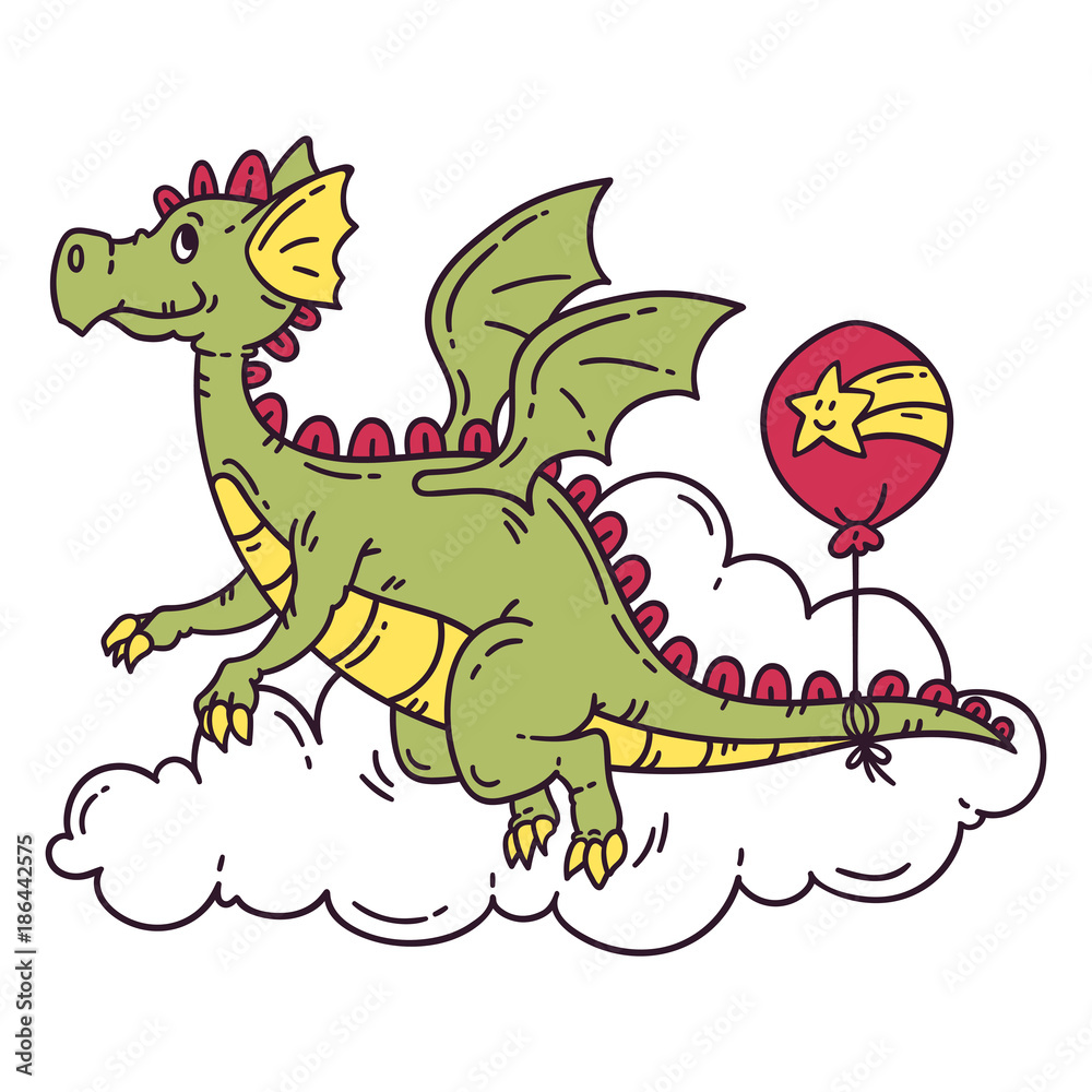 Obraz premium Flying dragon with balloon. Isolated objects on white background. Vector illustration.