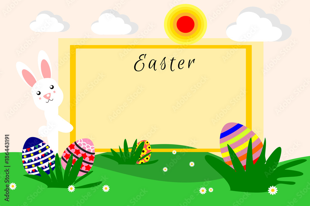 Illustration of a flat design cartoon vector, Easter eggs and rabbit or Easter bunny. Spring and Easter- related time. Picture with copy space for print, greeting card or graphic design.