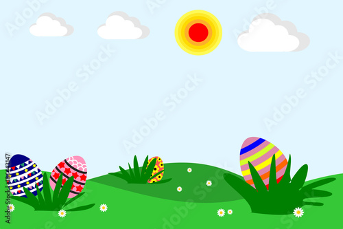 Illustration of a flat design cartoon vector. Landscape of grass fields, flower and Easter egg. Spring and Easter- related time. Picture with copy space for print, greeting card or graphic design.