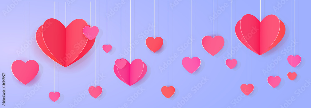 Hanging paper heart banner. Bright love festoon