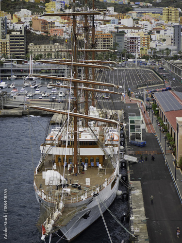 Three mast sailing ship moored in the harbour of Santa Cruz on the island of La Palma in the Canary Islands