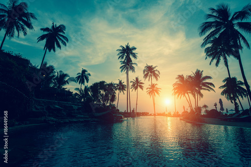 Tropical sea beach with silhouetted palm trees during sunset.