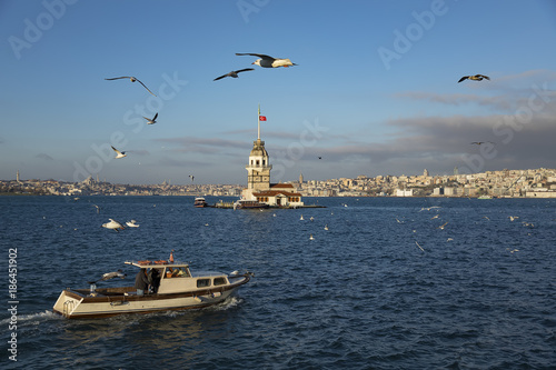 Maiden Tower (Tower of Leandros, Turkish: Kiz Kulesi) tranquil scenery at the entrance to Bosporus Strait in Istanbul, Turkey (KIZ KULESI – SALACAK-USKUDAR