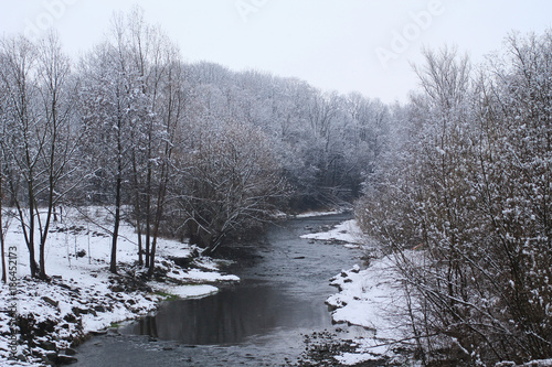 Fototapeta Naklejka Na Ścianę i Meble -  Moravka river flowing through the woods in winter