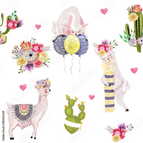 Cute watercolor llamas  alpaca with flowers  balloons  candle  hearts and cactus  succulet  cacti  birthday seamless pattern