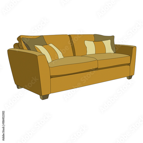 Modern brown sofa with decorative pillows. 3d cartoon style vector illustration isolated on white background