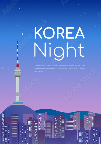 Korea Night poster vector illustration, Night view of city skyline.