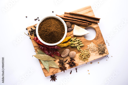 Colourful spices for Garam Masala. Food ingredients for garam masala, indian spice mix with Powder. Selective focus photo