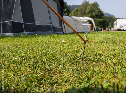 Tent peg securing the rope of a tent on a campinpground. iron tent peg hammered in the grass of a camping pitch. Tents in the background.